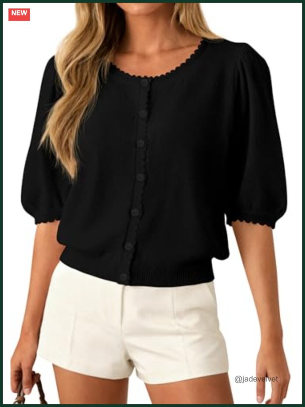 Women's Short Sleeve Lightweight Knit Cardigan with Scalloped Edges